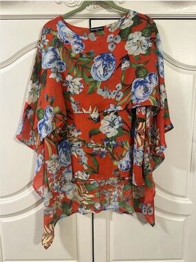 RomanicRuby Orange Floral Flutter-Sleeve Tunic